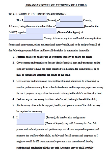 Free Arkansas Power of Attorney For a Minor | Form | Template