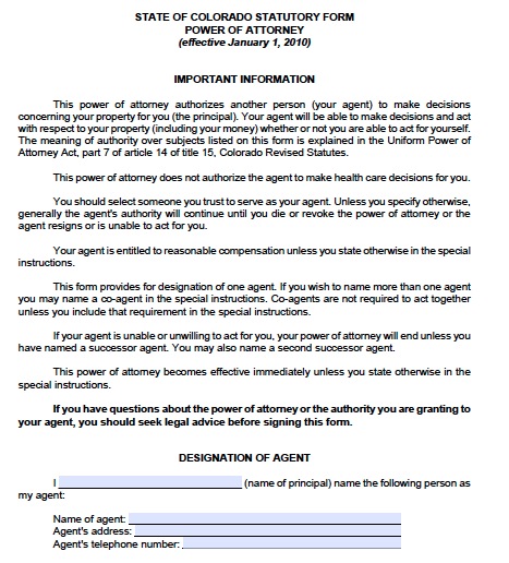 Free Colorado Financial Durable Power Of Attorney Form Pdf Template