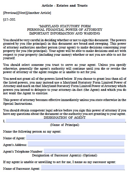 Maryland Power Of Attorney Form Free Printable Printable Forms Free 