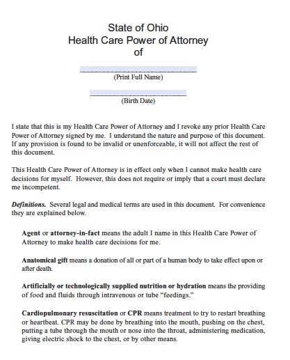 power of attorney form health care
 Free Ohio Medical Power of Attorney Form – PDF Template