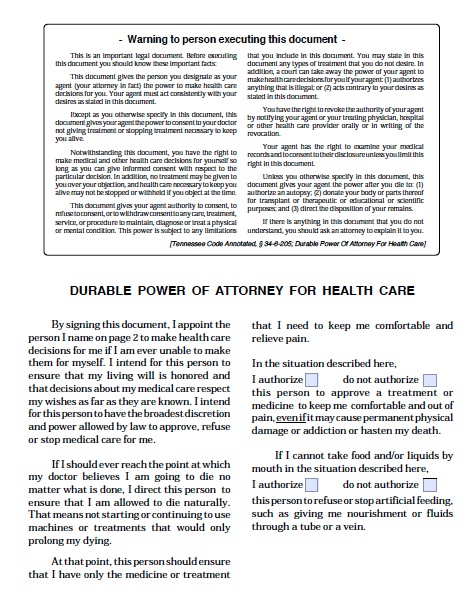 Free Tennessee Power Of Attorney For Health Care Form Pdf Template