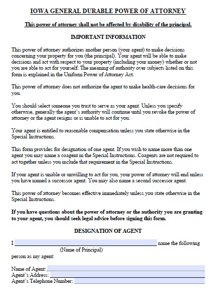 Free Iowa Power of Attorney Forms and Templates